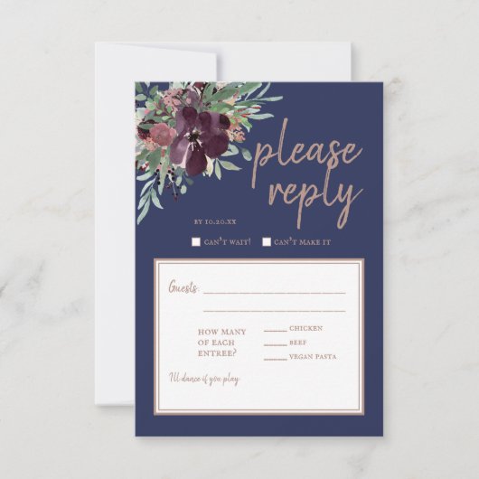 Modern Floral Elegance Navy Roos Gold Wedding RSVP (Voorkant)