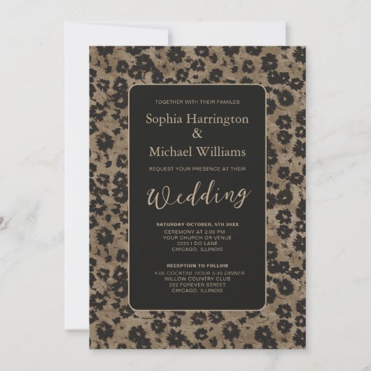 Modern Floral Elegant Black Wedding Invite QR Code Kaart (Voorkant)