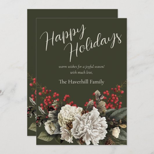 Modern Floral Elegant Script Familienaam Feestdagenkaart (Voorkant / Achterkant)