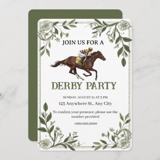 Modern Floral Equestrian Derby Invitation Kaart (Voorkant / Achterkant)