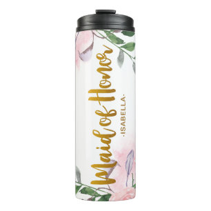 Modern Floral Faux Gold Maid of Honor Script Naam Thermosbeker