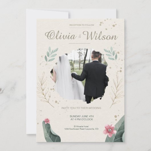 Modern Floral Foto Rustic Wedding Kaart (Voorkant)