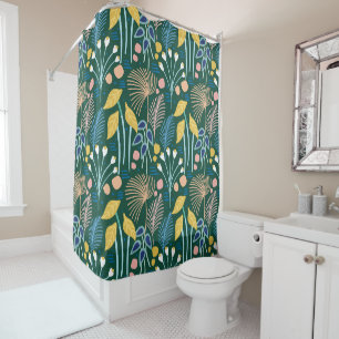 Modern Floral Garden Illustration Pattern in Green Douchegordijn