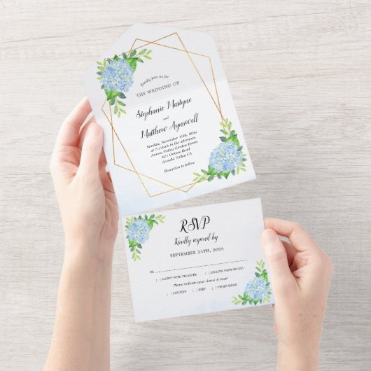 Modern Floral Geometric Blue Hydrangea Wedding All In One Uitnodiging (Afscheurbaar)