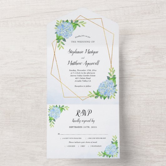 Modern Floral Geometric Blue Hydrangea Wedding All In One Uitnodiging (Binnen)
