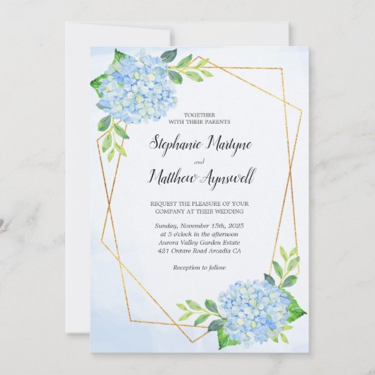 Modern Floral Geometric Blue Hydrangea Wedding Kaart (Voorkant)
