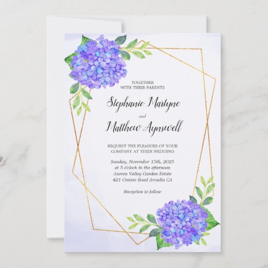 Modern Floral Geometric Paarse Hydrangea Wedding Kaart (Voorkant)