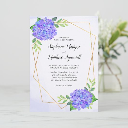 Modern Floral Geometric Paarse Hydrangea Wedding Kaart (Staand voorkant)