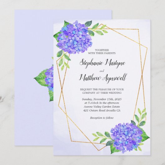 Modern Floral Geometric Paarse Hydrangea Wedding Kaart (Voorkant / Achterkant)