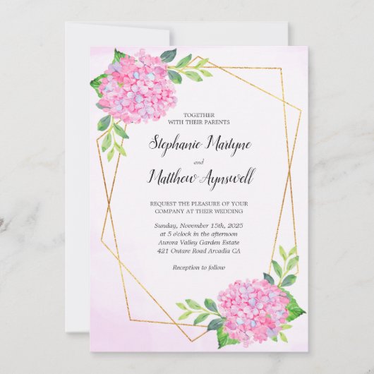 Modern Floral Geometric Pink Hydrangea Wedding Kaart (Voorkant)