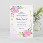 Modern Floral Geometric Pink Hydrangea Wedding Kaart (Staand voorkant)