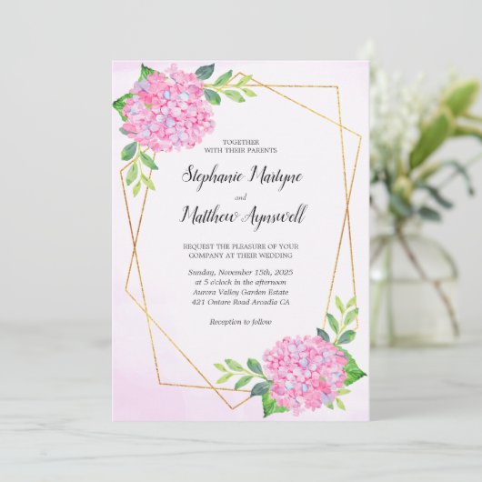 Modern Floral Geometric Pink Hydrangea Wedding Kaart (Staand voorkant)