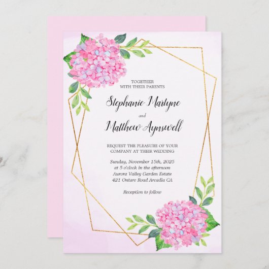 Modern Floral Geometric Pink Hydrangea Wedding Kaart (Voorkant / Achterkant)