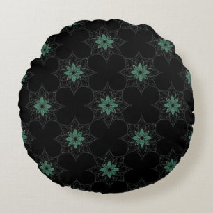 Modern Floral geometrisch patroon Blauwgroen en zw Rond Kussen