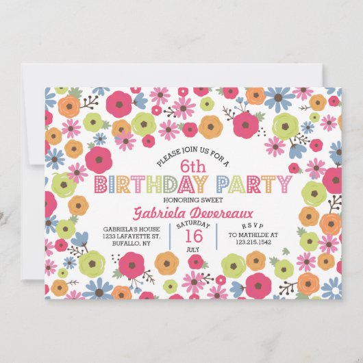 Modern Floral Girly Birthday Party Kaart (Voorkant)