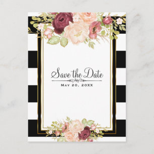 Modern Floral Glam Black White Save the Date Aankondigingskaart