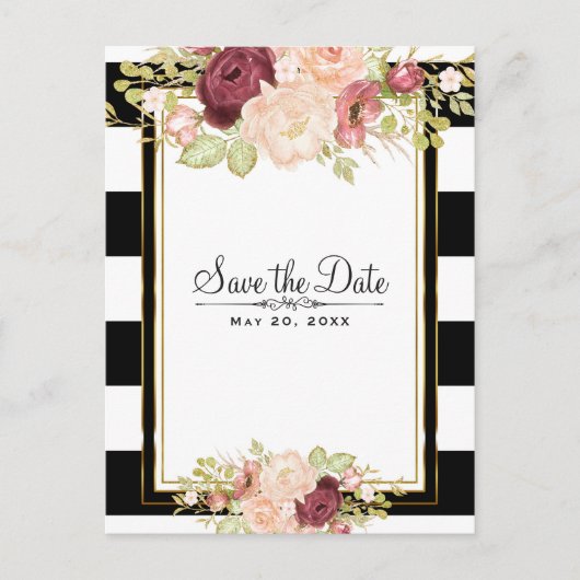 Modern Floral Glam Black White Save the Date Aankondigingskaart (Voorkant)
