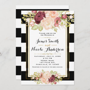 Modern Floral Glam Black White Stripes Wedding Kaart
