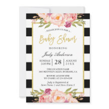 Modern Floral Gold Black White Stripes Baby shower