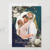Modern Floral Gold Emerald Green Photo Wedding Kaart (Voorkant)
