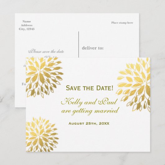 Modern Floral Gold Foil Elegant Wedding Briefkaart (Voorkant / Achterkant)