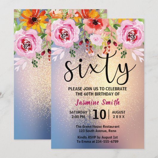 Modern Floral Gold Glitter 60th Birthday Kaart (Voorkant / Achterkant)