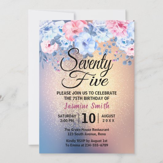 Modern Floral Gold Glitter 75th Birthday Kaart (Voorkant)