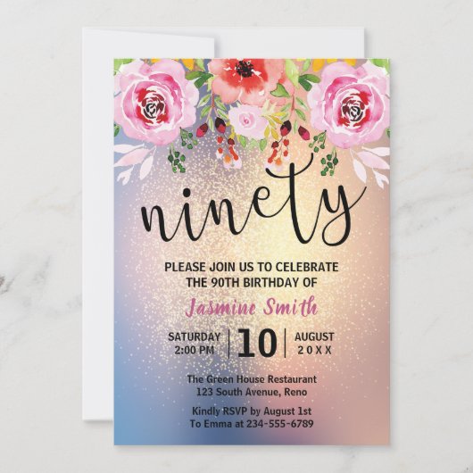 Modern Floral Gold Glitter 90e verjaardag Kaart (Voorkant)