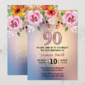 Modern Floral Gold Glitter 90th Birthday Kaart (Voorkant / Achterkant)