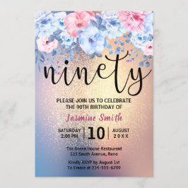 Modern Floral Gold Glitter 90th Birthday Kaart