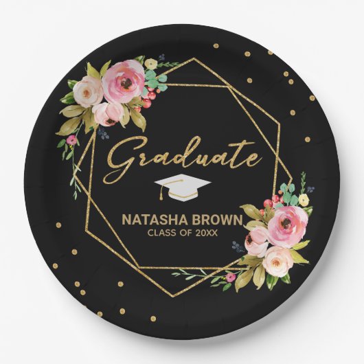 Modern Floral Gold Glitter Geometric Afstuderen Papieren Bordje (Voorkant)