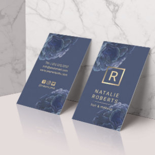 Modern Floral Gold Monogram Logo Elegant Navy Blue Visitekaartje