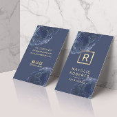 Modern Floral Gold Monogram Logo Elegant Navy Blue Visitekaartje