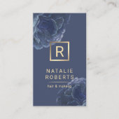 Modern Floral Gold Monogram Logo Elegant Navy Blue Visitekaartje (Voorkant)