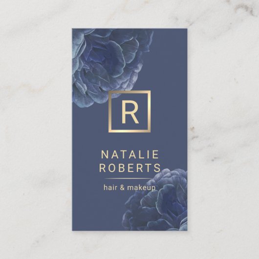 Modern Floral Gold Monogram Logo Elegant Navy Blue Visitekaartje (Voorkant)