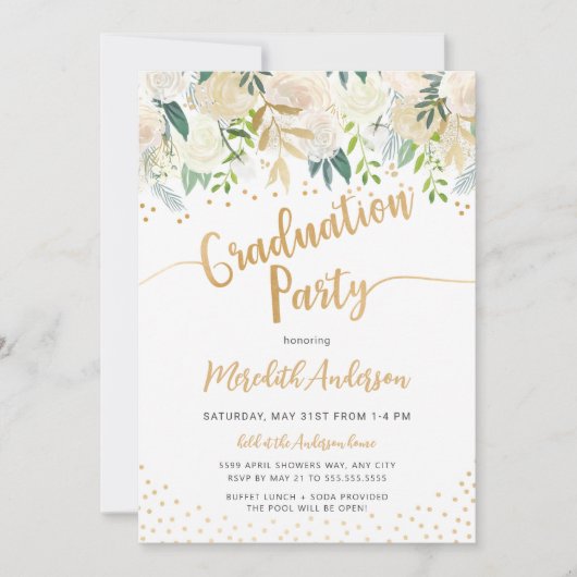 Modern Floral gouden Confetti afstudeerfeest Kaart (Voorkant)