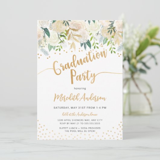 Modern Floral gouden Confetti afstudeerfeest Kaart (Staand voorkant)