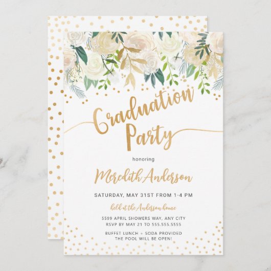 Modern Floral gouden Confetti afstudeerfeest Kaart (Voorkant / Achterkant)