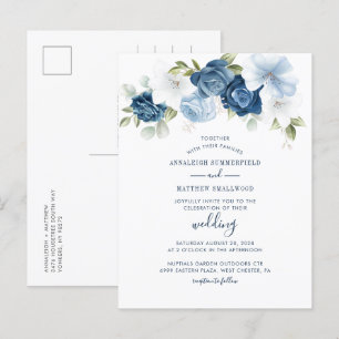 Modern Floral Greenery Dusty Blue Wedding Uitnodiging Briefkaart