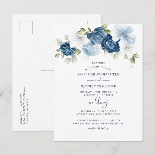 Modern Floral Greenery Dusty Blue Wedding Uitnodiging Briefkaart (Voorkant / Achterkant)