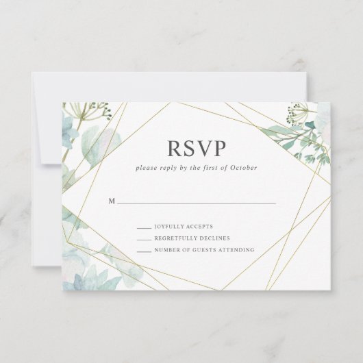 Modern Floral Greenery Gold Geometric Wedding RSVP Kaartje (Voorkant)
