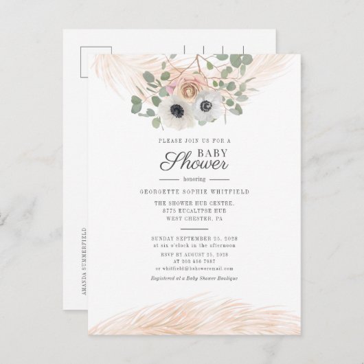 Modern Floral Greenery Pampas Grass Baby shower Uitnodiging Briefkaart (Voorkant / Achterkant)