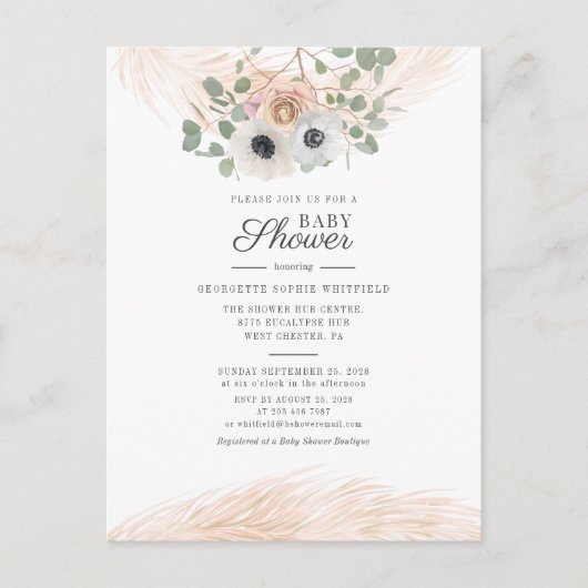 Modern Floral Greenery Pampas Grass Baby shower Uitnodiging Briefkaart (Voorkant)