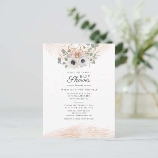 Modern Floral Greenery Pampas Grass Baby shower Uitnodiging Briefkaart (Staand voorkant)