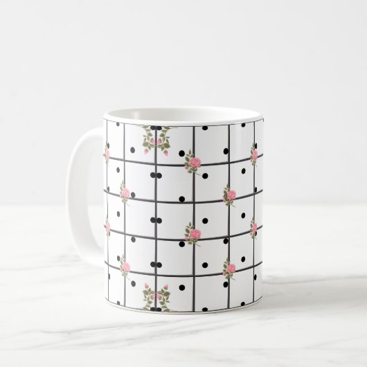 Modern Floral Grid Roos Design Koffiemok (Voorkant links)