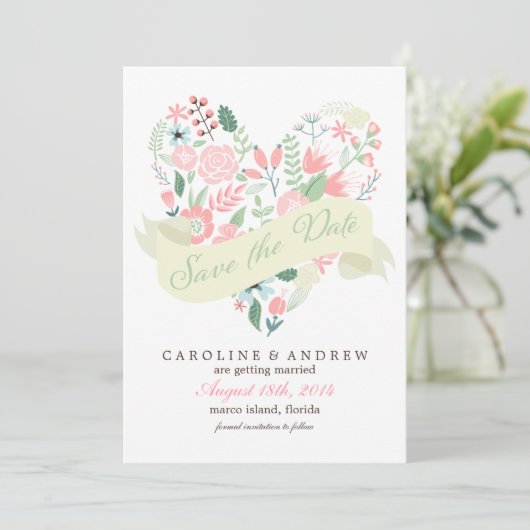Modern Floral Heart Wedding Save the Date (Staand voorkant)