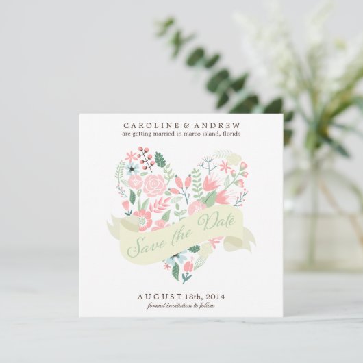 Modern Floral Heart Wedding Save the Date (Staand voorkant)