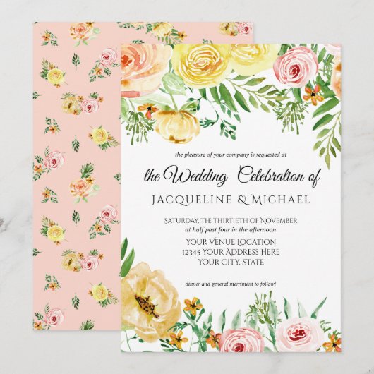 Modern Floral Herfst w Blush Yellow Peach Roos Lea Kaart (Voorkant / Achterkant)