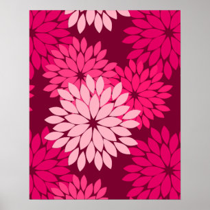 Modern Floral Kimono Print, Coral Pink & Burgundy Poster