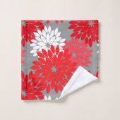Modern Floral Kimono Print, Coral Red en Grey Bad Handdoek (Wasdoekje)